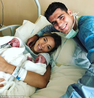 Chelsea striker Alvaro Morata shares touching message as he welcomes twins with wife Alice Campello (Photos)