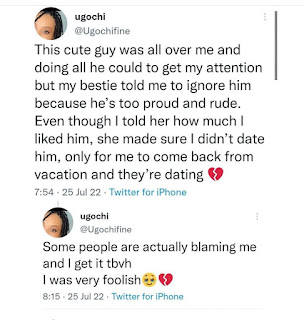 Lady left heartbroken after her friend began to date a guy who she told to leave because he was “rude and too proud”