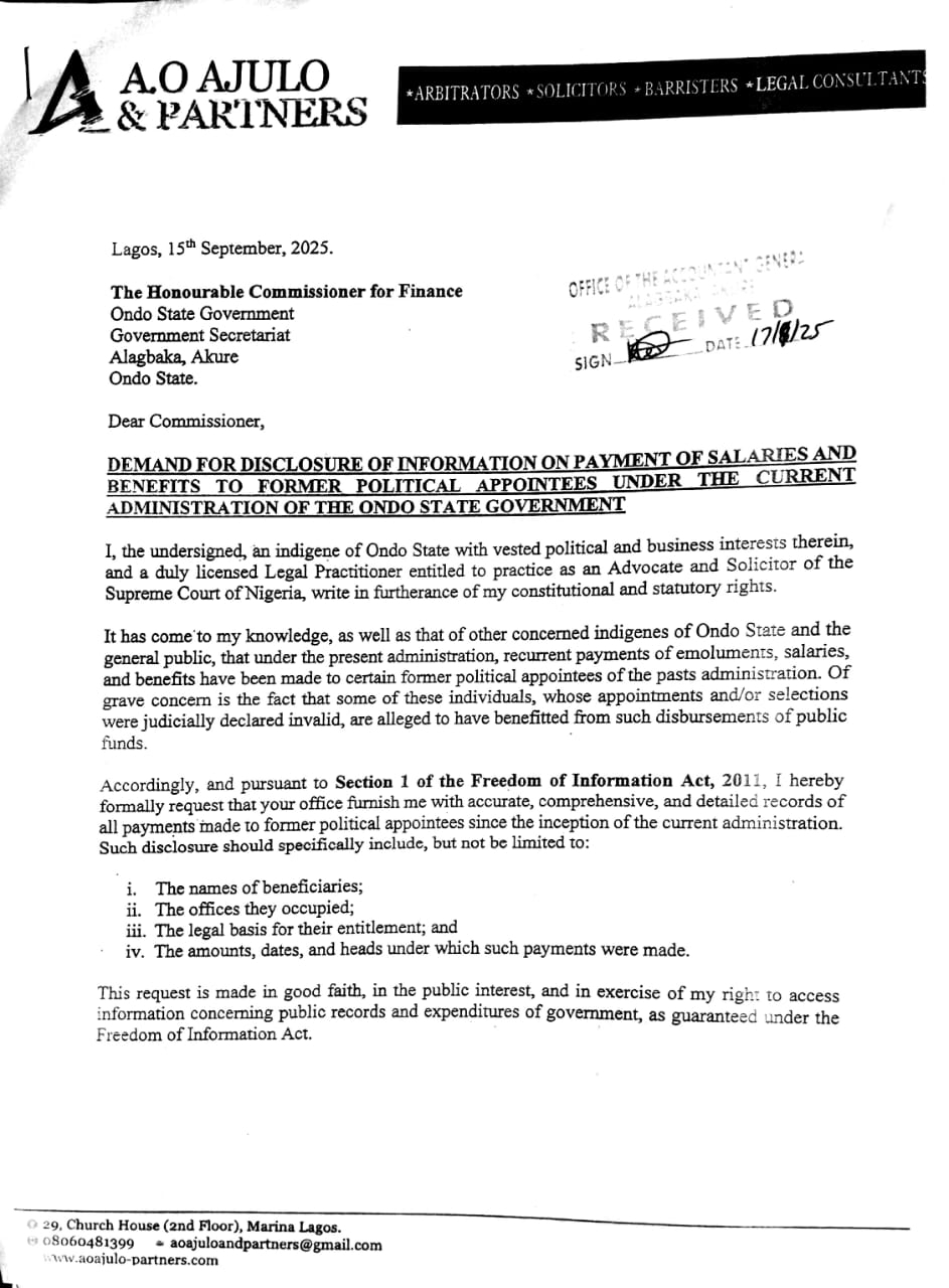 Ondo Redemption Front Seeks Disclosure On Alleged Payments To Former Appointees