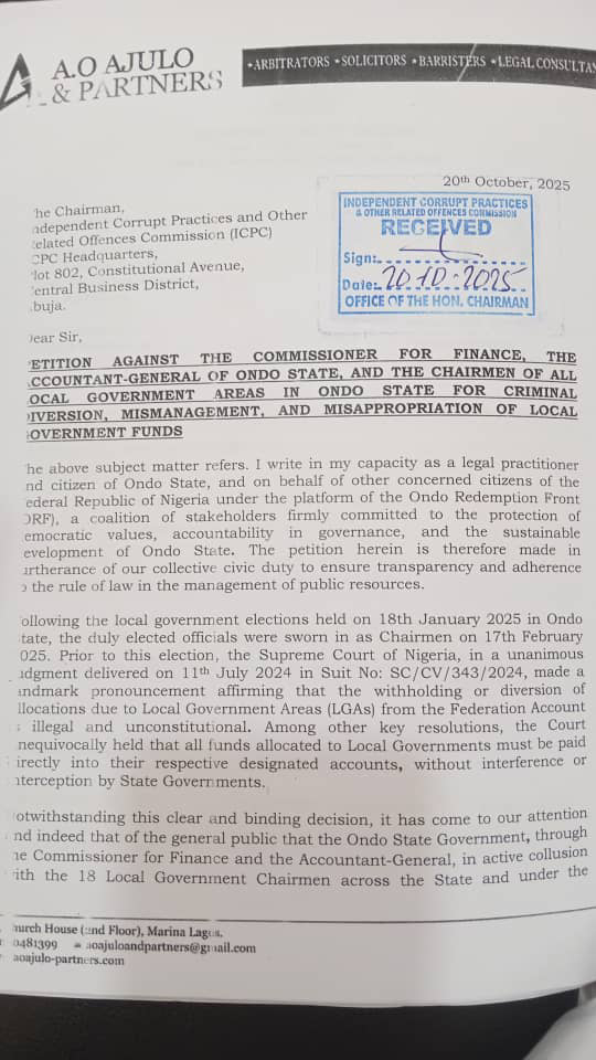 Ondo State: ORF Petitions EFCC, ICPC Over Alleged Diversion Of Local Government And State Funds